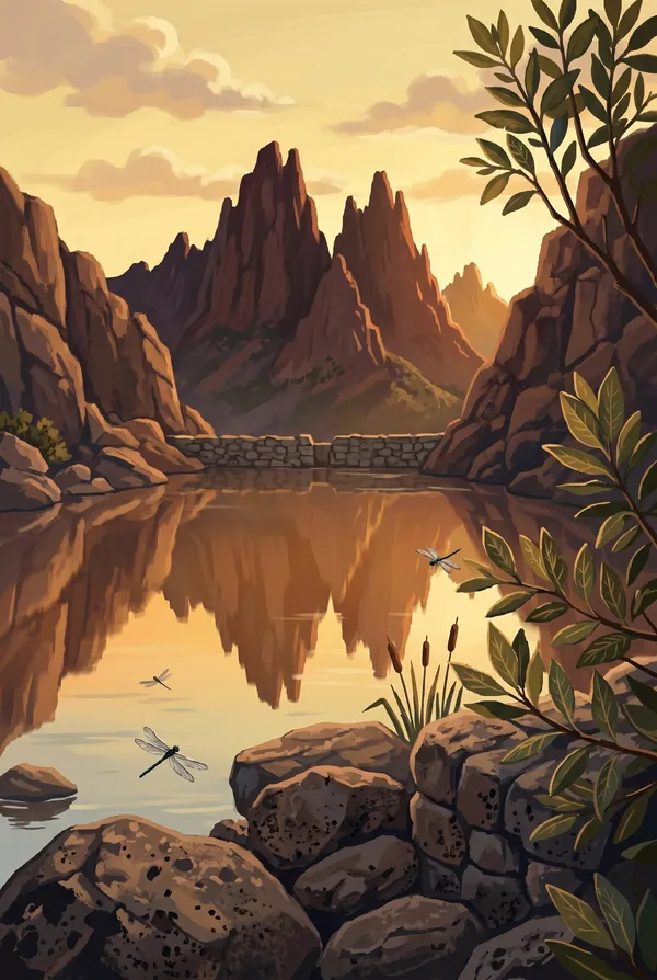 Pinnacles National Park stamp design 3: Bear Gulch Reservoir