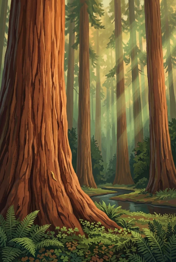 Redwood National and State Parks stamp, WPA-style illustration of Tall Trees Grove