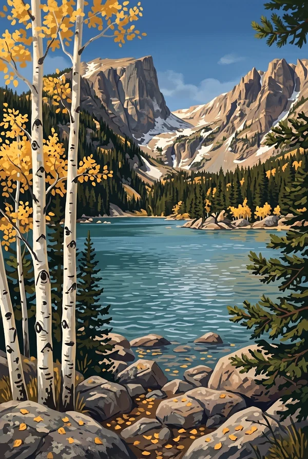 Rocky Mountain National Park stamp, WPA-style illustration of Bear Lake and Hallett Peak