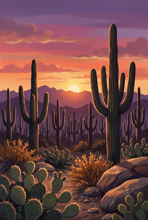 Saguaro National Park stamp, WPA-style illustration of Saguaro Forest