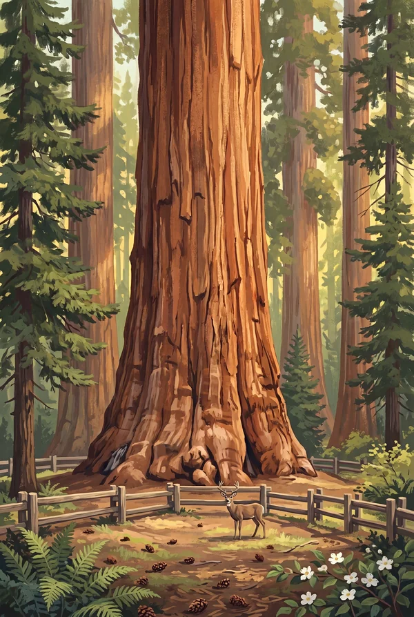 Sequoia National Park stamp, WPA-style illustration of General Sherman Tree