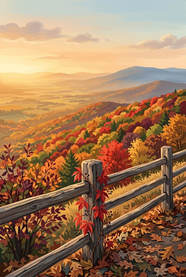 Shenandoah National Park stamp, WPA-style illustration of Skyline Drive Fall Color