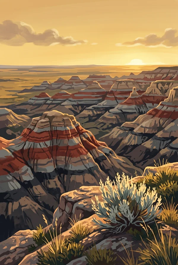 Theodore Roosevelt National Park stamp, WPA-style illustration of Painted Canyon Overlook