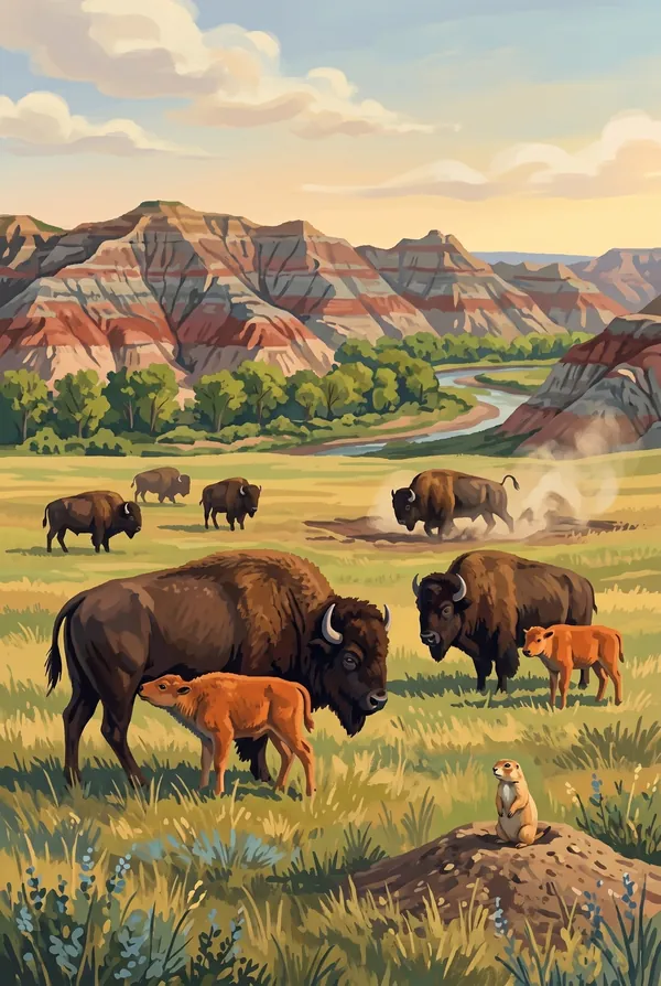 Theodore Roosevelt National Park stamp design 2: Bison in the Badlands