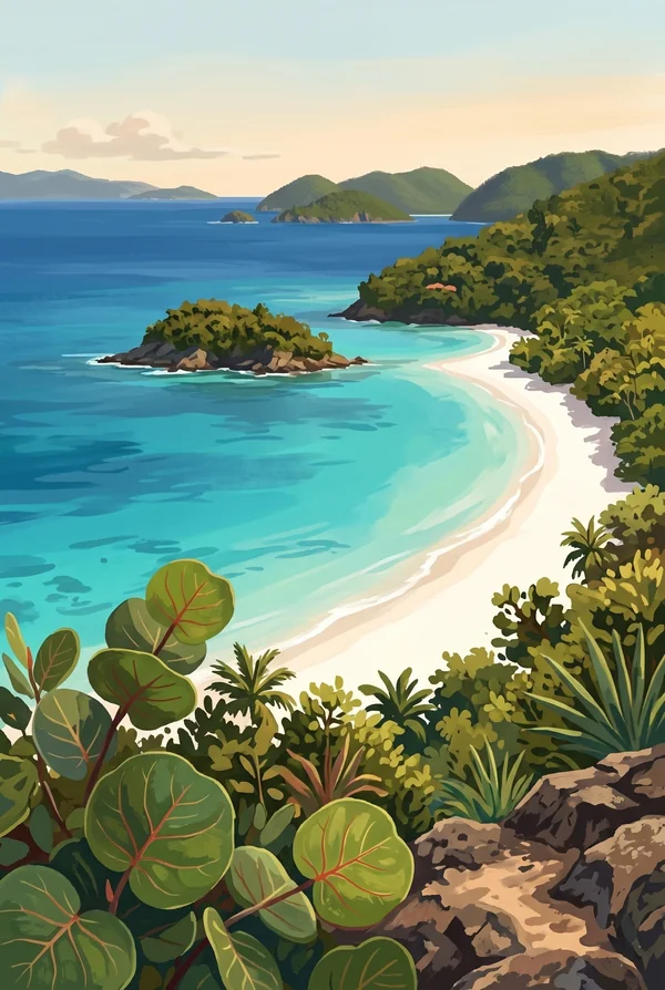 Virgin Islands National Park stamp, WPA-style illustration of Trunk Bay Beach