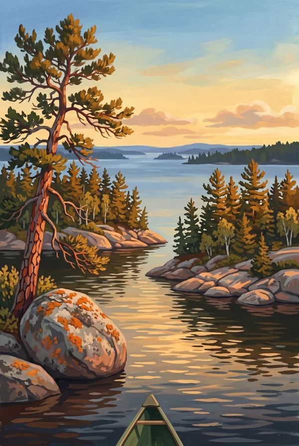 Voyageurs National Park stamp, WPA-style illustration of Kabetogama Lake Island Chain