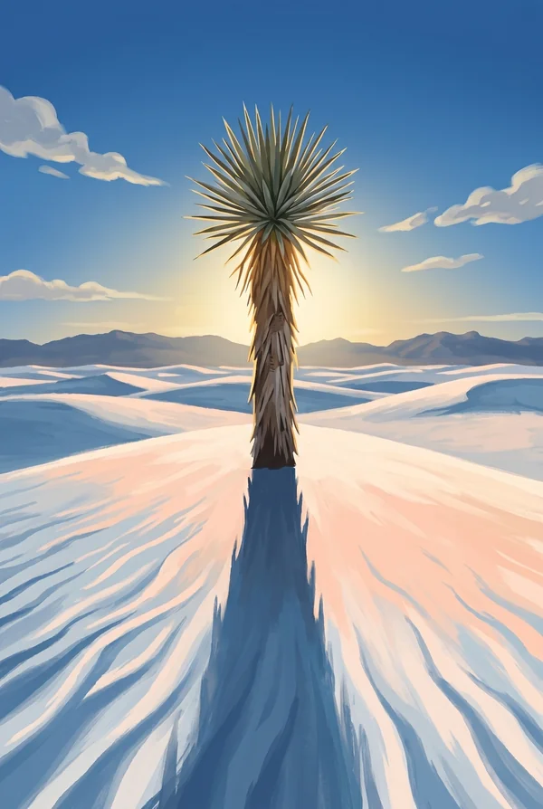 White Sands National Park stamp, WPA-style illustration of Soaptree Yucca on Dune Crest