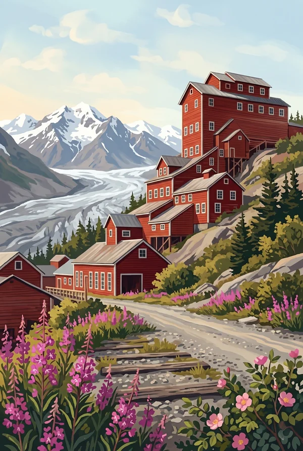Wrangell-St. Elias National Park & Preserve stamp, WPA-style illustration of Kennecott Mill and Glacier