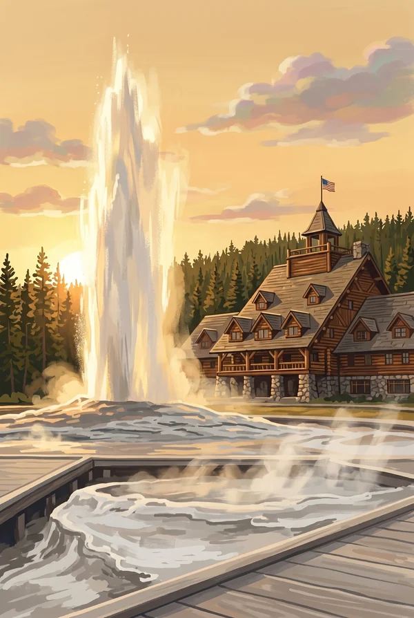 Yellowstone National Park stamp, WPA-style illustration of Old Faithful and the Inn